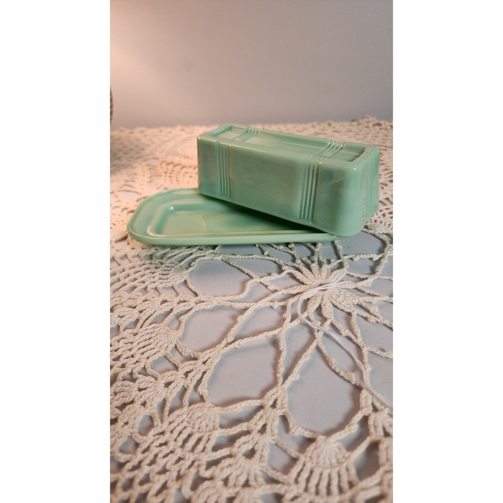 TPC Jadeite Covered Butter Dish Tablecraft Vintage Style Green Glass Criss-cross